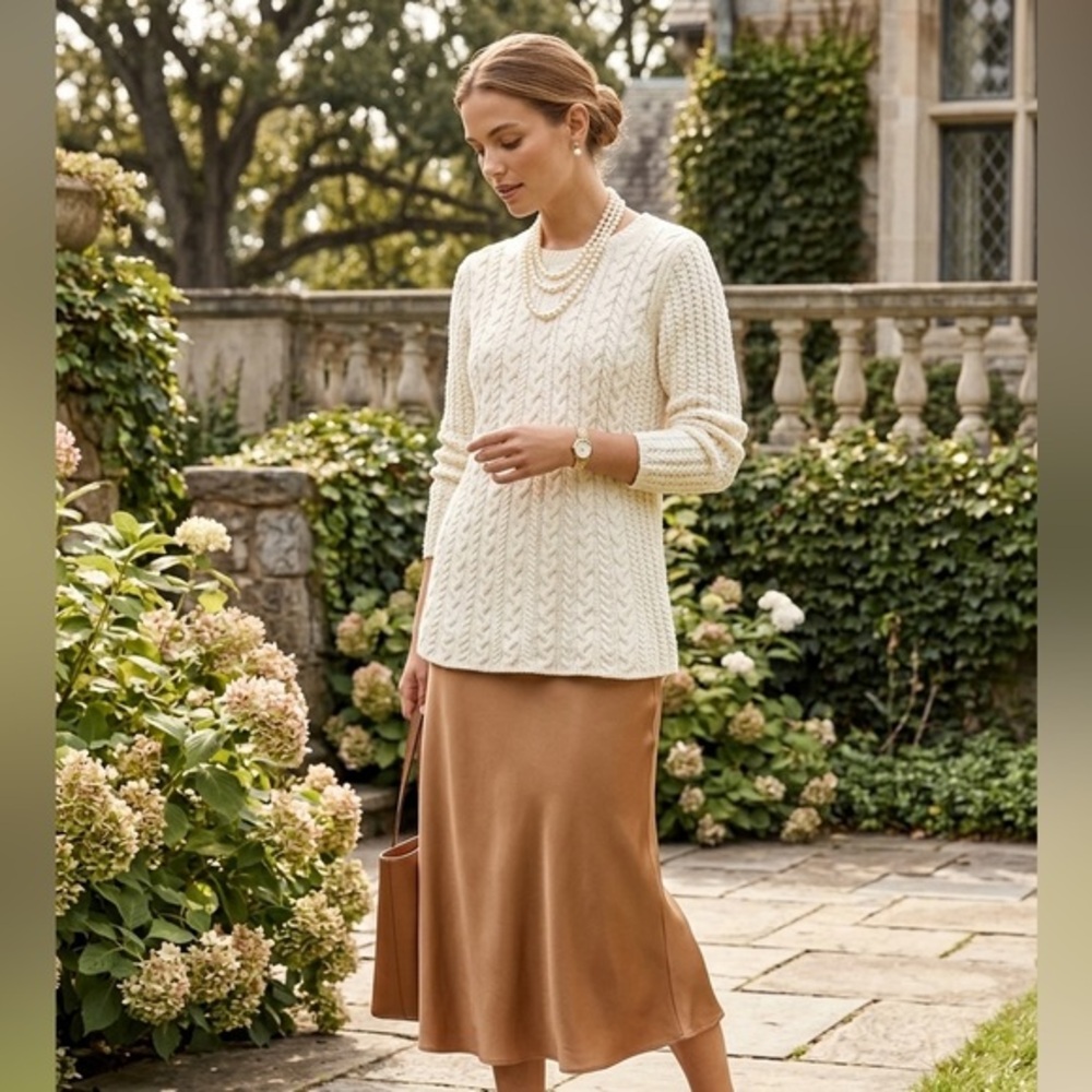 J. Jill Chenille Cable Knit A-Line Fisherman Sweater Ivory L Quiet Luxury